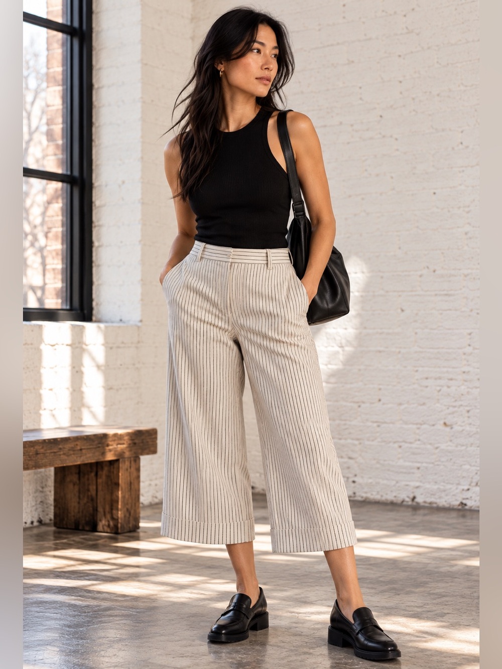 Etcetera Pinstripe Wide Leg Cropped Pants Cream Brown Size 14